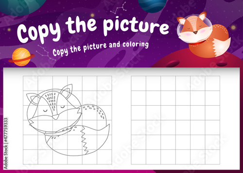 copy the picture kids game and coloring page with a cute fox in the space galaxy