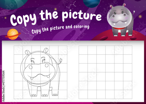 copy the picture kids game and coloring page with a cute hippo in the space galaxy