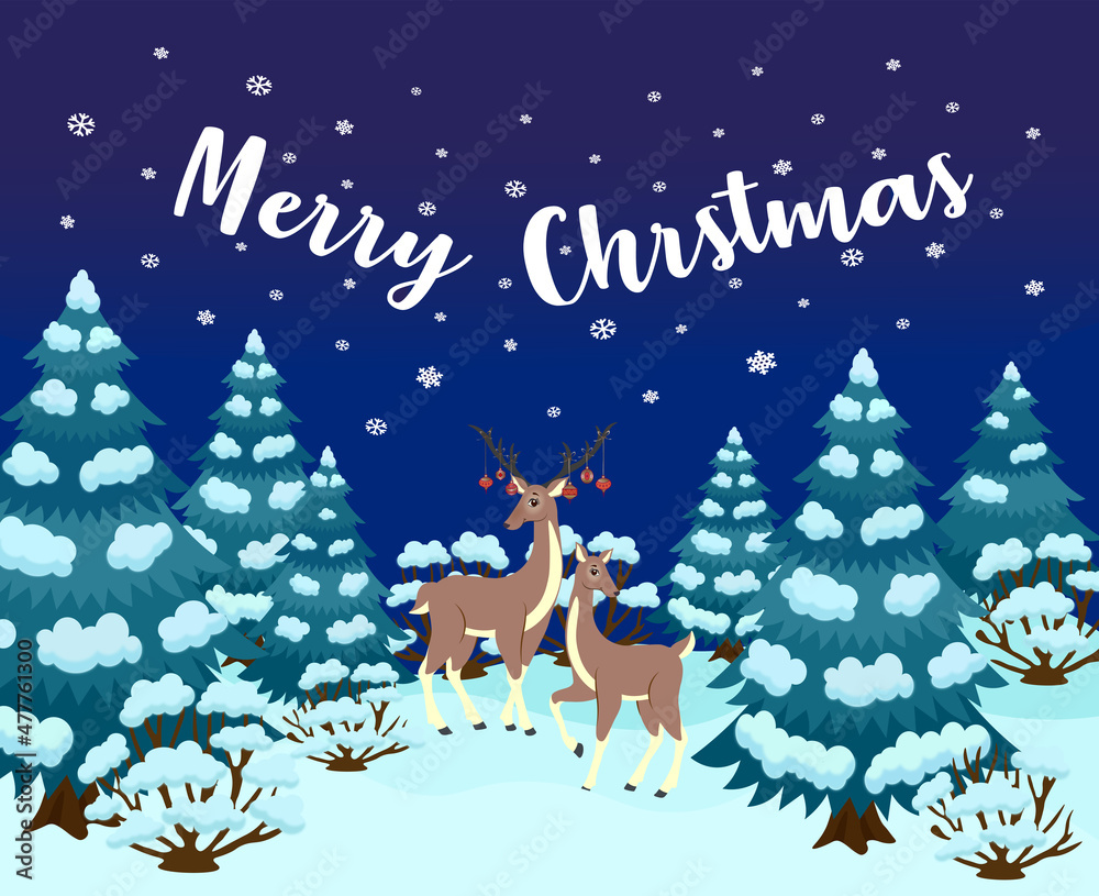 landscape, winter, christmas tree, snow, merry christmas, forest, trees, snowdrifts, happy new year, deer, night
