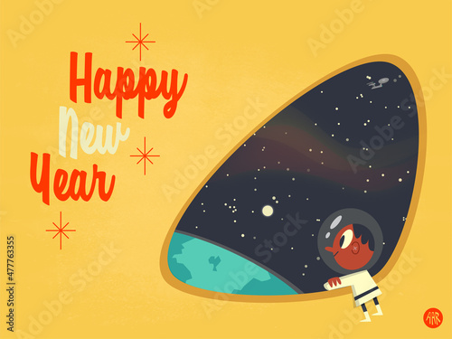 Happy New Year Greeting Card Retro Vintage Science Fiction for Children Astronaut Spaceship Earth Cartoon Character Diverse Inclusive  photo
