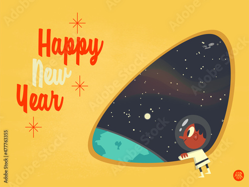 Happy New Year Greeting Card Retro Vintage Science Fiction for Children Astronaut Spaceship Earth Cartoon Character Diverse Inclusive 