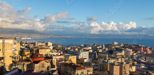 Panoramic view of the city of Naples from Vomero district. In the background the Vesuvius volcano and the gulf.