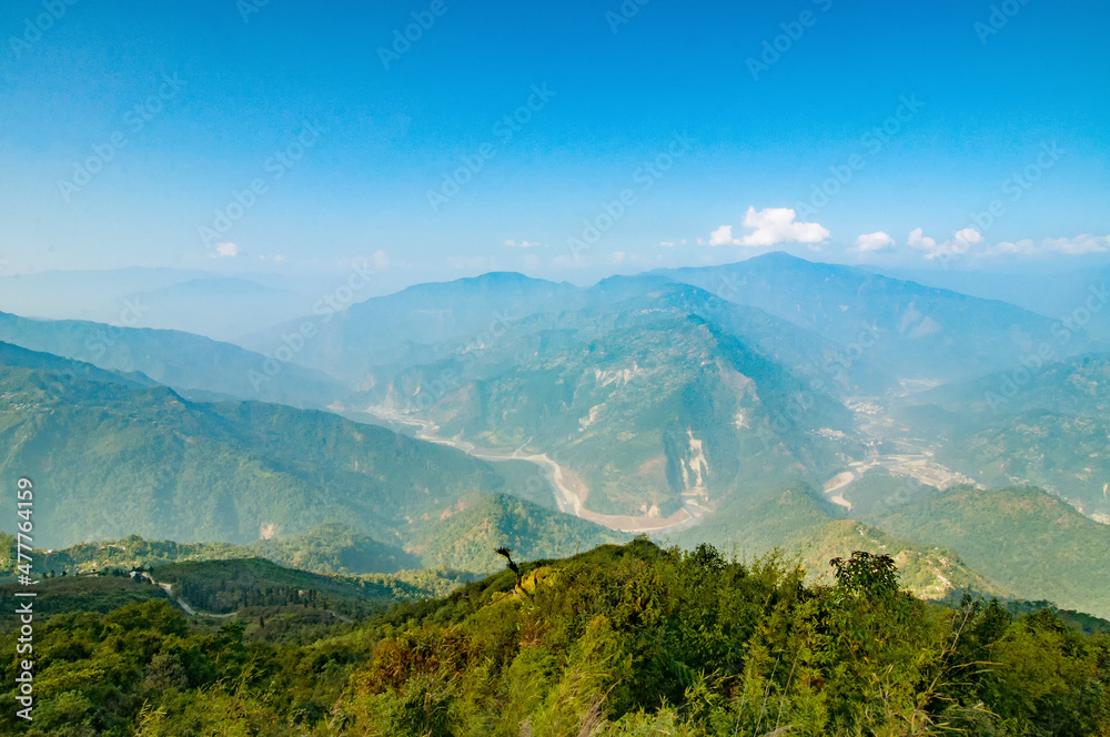 Fototapeta premium Tourist spot Ramitey view point - Sikkim, India. From this view point, twists and turns of river Tista or Teesta can be seen below, River Tista flows through sikkim state.