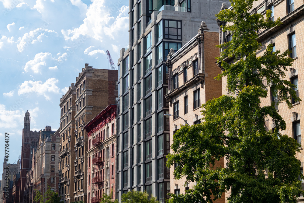 Row of Buildings and Skyscrapers along a Street in Morningside Heights of New York City
