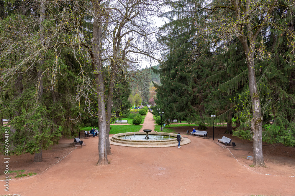view of the fountain in the park of Kislovodsk, photo was taken on a cloudy spring day