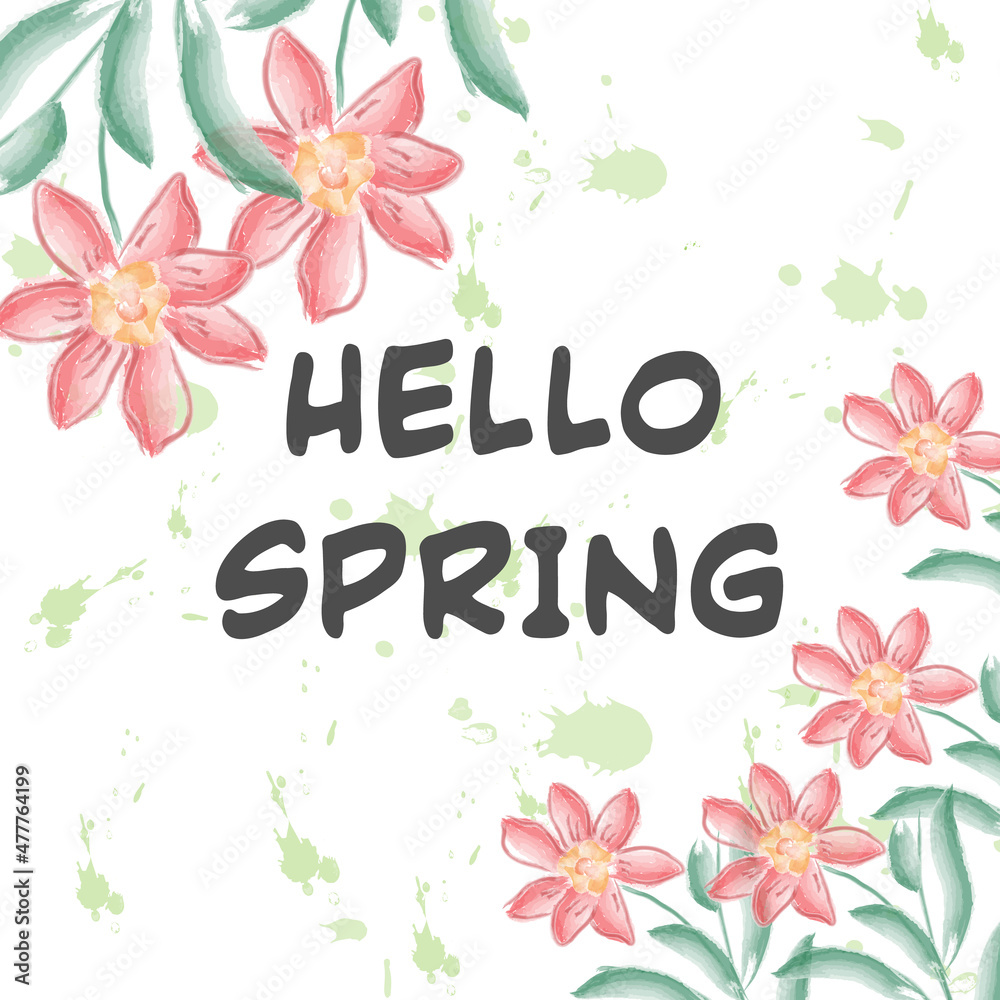 Spring Vector Design. Spring Lettering with flowers and green bush