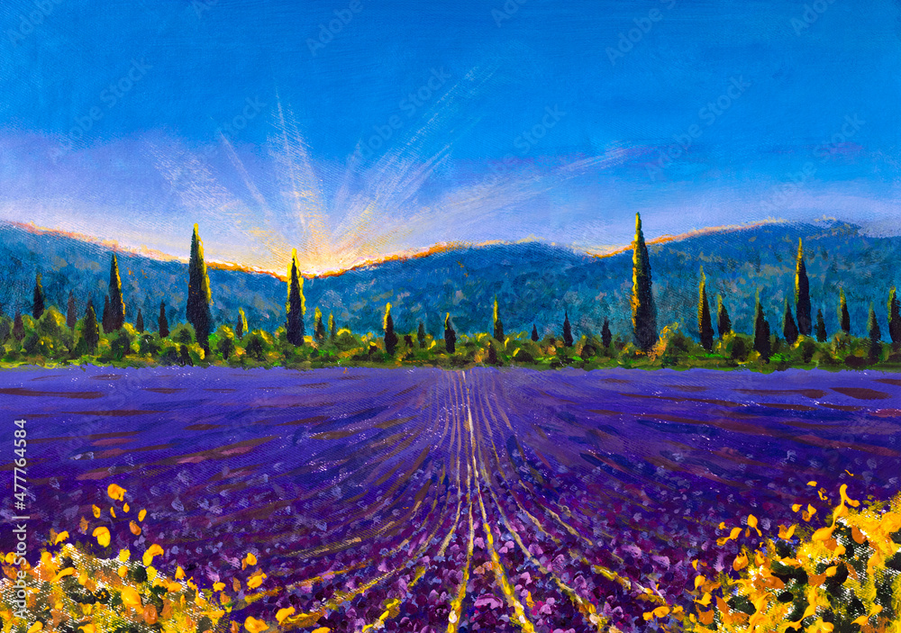 Hand drawn oil painting Sunny lavender fields in Sault Village in Vaucluse Provence France. Cloude  paint monet flower art background. Oil painting on canvas. - obrazy, fototapety, plakaty 