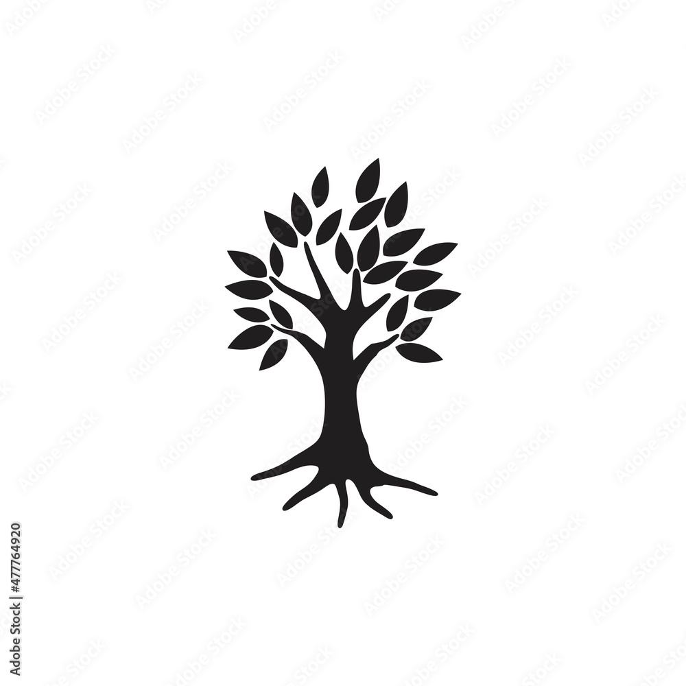 olive tree vector silhouette, with leaves, branches, and roots.