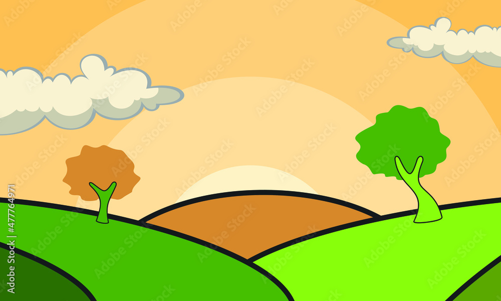 The concept of a hillside cartoon illustration with several trees and a clear cloudy sky, perfect for the background or cover of your business company