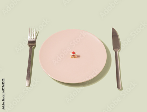 Pastel pink plate with miniature cake in the middle. Weight loss dieat minimal concept. photo