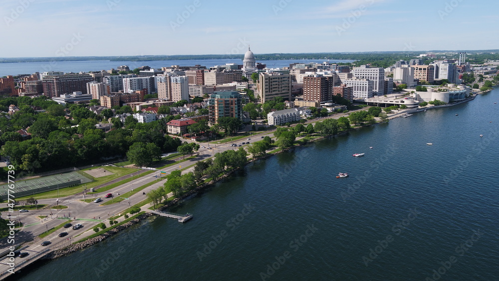 Drone Over Lake Looking at Downtown Madison, WIsconsin (Summer)