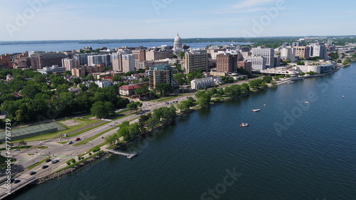 Drone Over Lake Looking at Downtown Madison, WIsconsin (Summer)