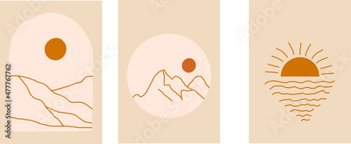 Collection of minimalistic simple abstractions in the style of mountain landscapes and seascape
