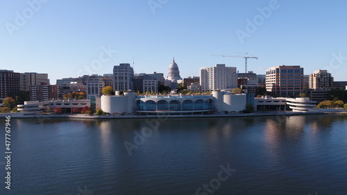 Drone in Downtown Madison, WIsconsin Looking at State Captiol Building © ChrisBergeron
