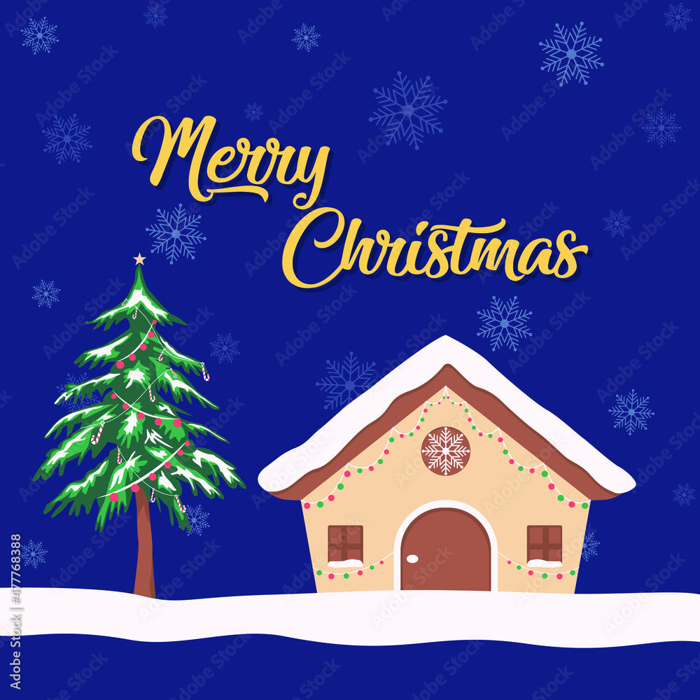 Christmas Tree and Snow House in Cartoon Illustration Vector for Merry Christmas Greeting Card