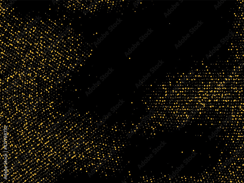 Gold glitter confetti on a black background. Shiny sand particles scattered in a circle. Decorative items. Luxury background for your design, greeting cards, invitations, vector Gold glitter confetti on a black background. Shiny sand particles scattered in a circle. Decorative items. Luxury background for your design, greeting cards, invitations, vector