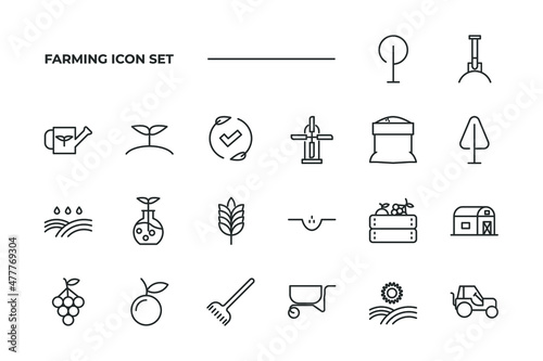 simple set of farming vector icons with editable line styles covering tractor, tree, sunlight and other. isolated on white background. 