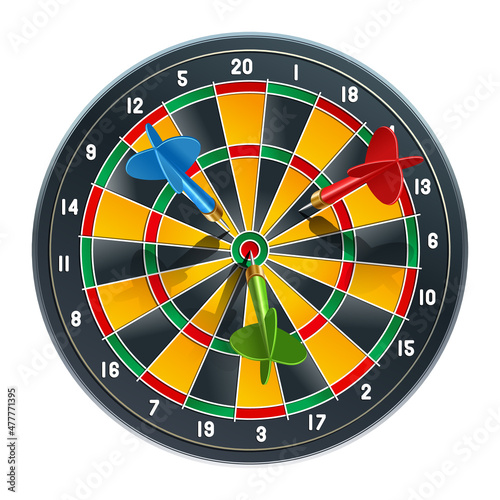 Darts game with blue, red and green darts. Hit the target. Sports game. Vector illustration isolated on white background.