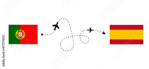 Flight and travel from Portugal to Spain by passenger airplane Travel concept