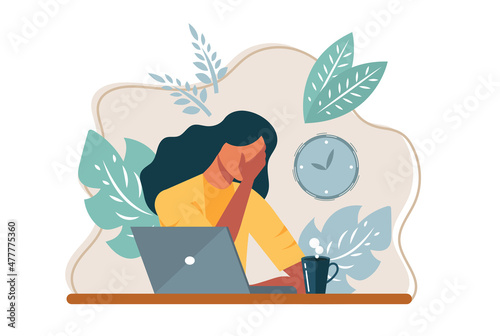 Cartoon vector illustration of tired woman, who touch her forehead with him hand. Character sitting at table. Tiered, illness, fever head ache and exhausted people at office concept.