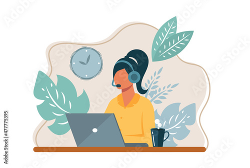 Vector illustration, customer service, hotline operator advises customer, online global technical support 24/7, customer and operator vector	

