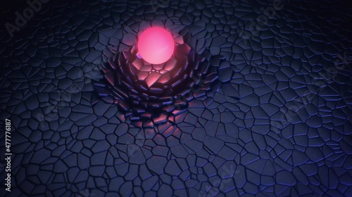 Abstract bright glowing sphere moving over a polygonal surface. Geometric concept with radial movement seamless loop. Motion design pattern 3D animation. Calm meditative video concept composition. 4K