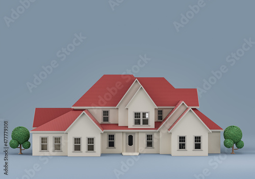 Single house with trees, miniature house model white and red colors, Real estate property, 3d Rendering, hi-res © markOfshell