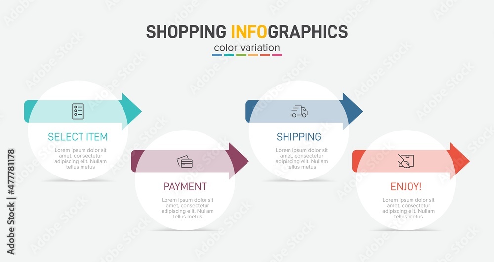 Concept of shopping process with 4 successive steps. Four colorful graphic elements. Timeline design for brochure, presentation, web site. Infographic design layout. Concept of shopping process with 4 successive steps. Four colorful graphic elements. Timeline design for brochure, presentation, web site. Infographic design layout.