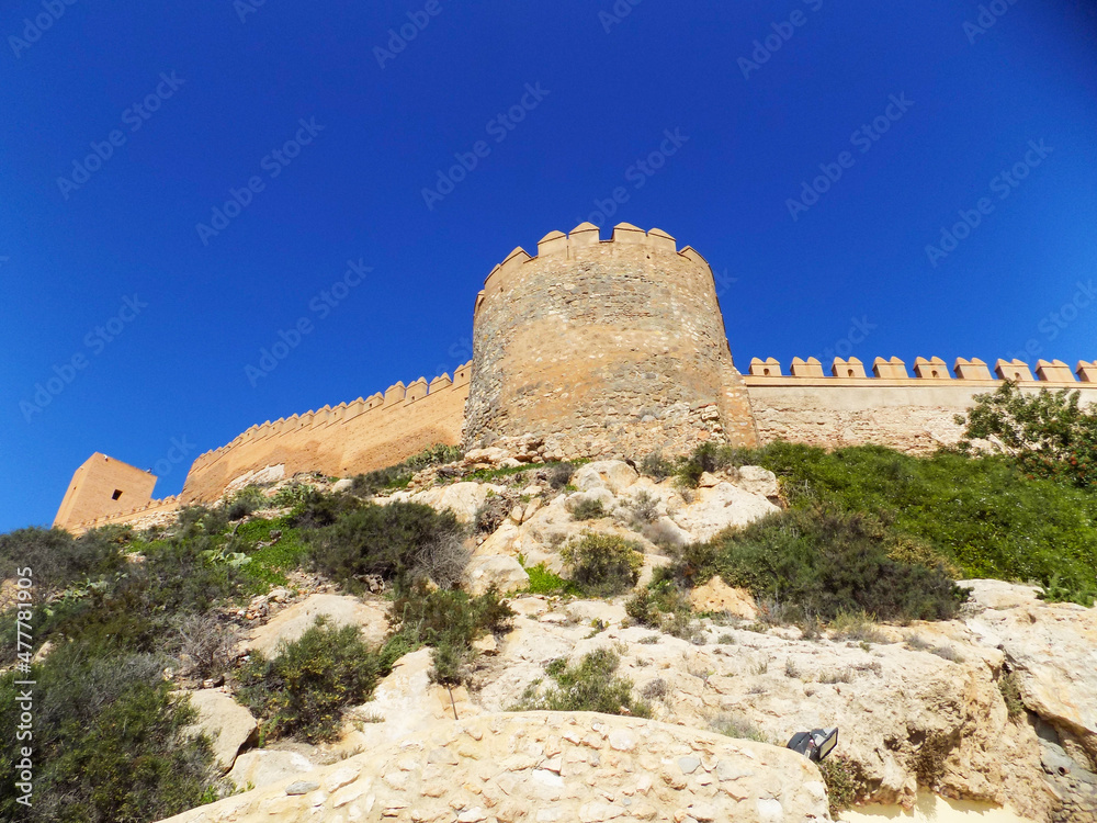 AlAlmeria medieval castle panorama with blue sky, Spain 
