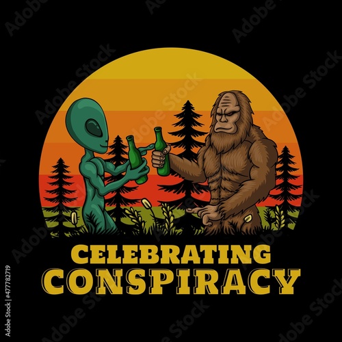 Bigfoot and alien celebrating drink retro vector illustration for your company or brand
