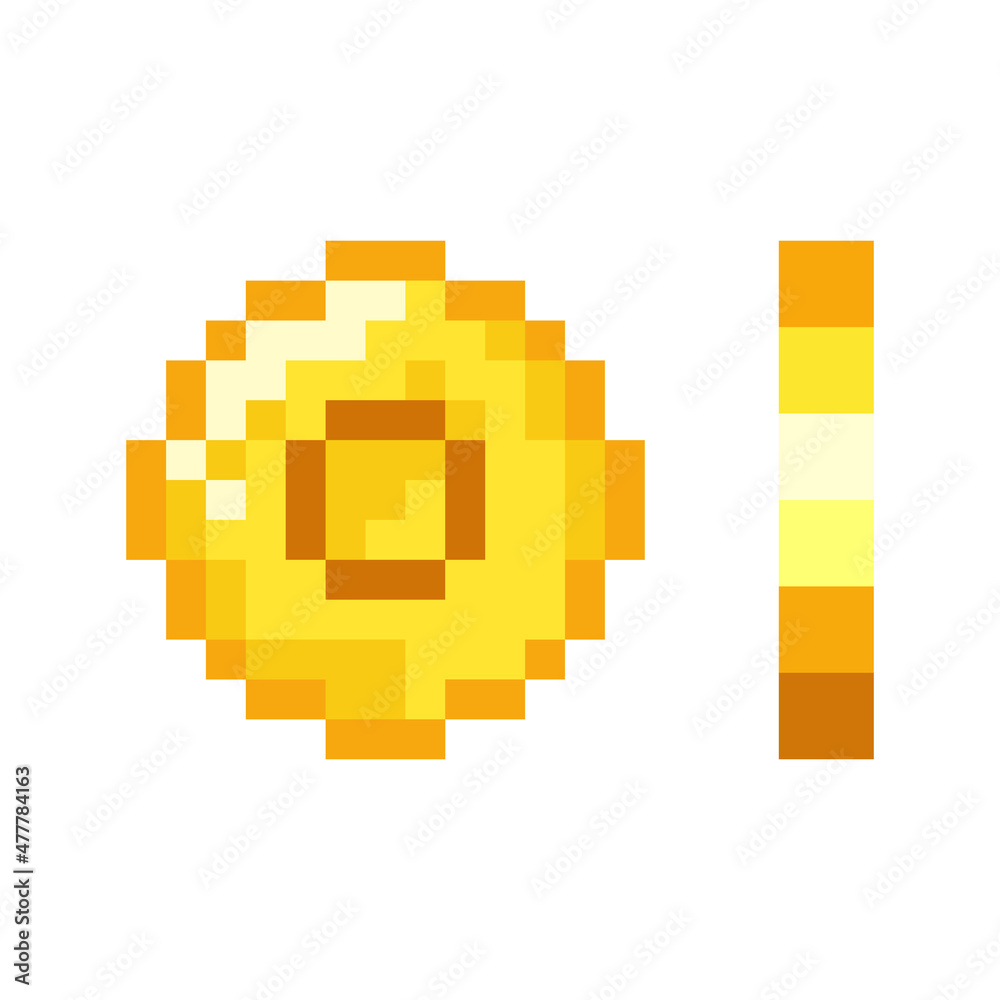 8-bit pixel graphics icons. Isolated vector illustration. Game art. Coins of gold for animation. Pixel art