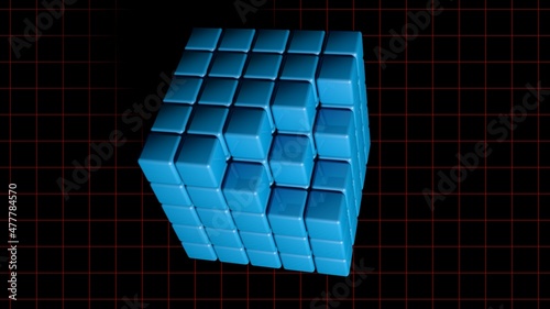 blue composite cube on black background with red grid - 3D rendering illustration photo