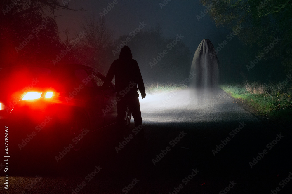 A horror concept. Of a ghost. Looking at a figure, back to camera, standing on a road on a spooky, foggy, winters night. A horror concept. Of a ghost. Looking at a figure, back to camera, standing on a road on a spooky, foggy, winters night.