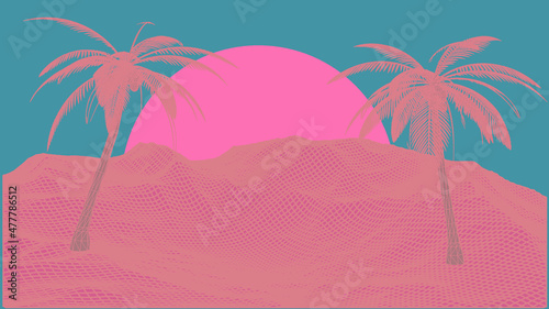 Vaporwave retro style 3D landscape with laser grid, row of palm trees and sun. Vector illustration.