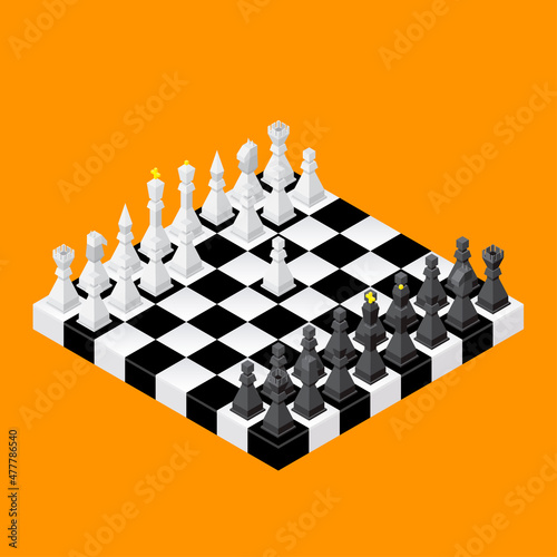 Set of chess isometric figures. Classical chessboard with chess figures. Vector illustration of isometric objects Vector illustration