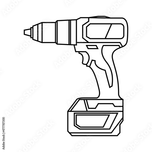 Cordless screwdriver. Power tool. Line drawing