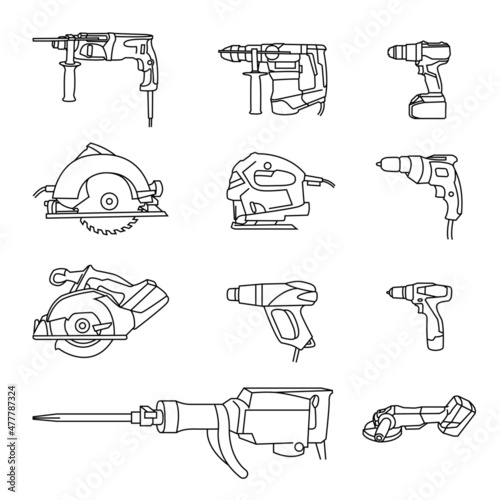 Power tool. Rotary hammer, cordless screwdriver, circular saw, jigsaw, construction hair dryer, jackhammer, cordless grinder, straight hammer drill, cordless hammer