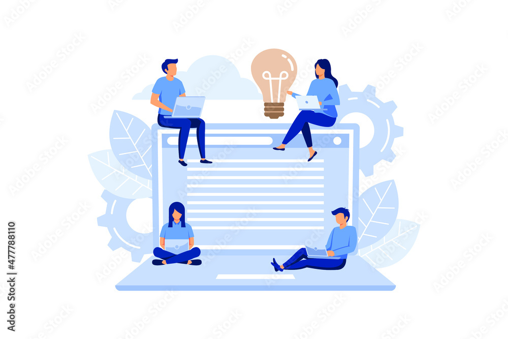 young programmers code the web site on the laptop from the command line, the system administrator tries to hack the system, team work flat vector illustration 