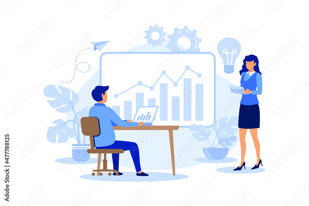 an employee engaged in the construction of columns of graphs, career growth to success, flat color icons, business analysis, data storage in the cloud flat vector design illustration 