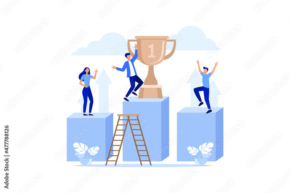 Vector illustration of business, leadership qualities in a creative team, direction on a successful path, small people are happy to have a winner, successful career, building Vector illustration of business, leadership qualities in a creative team, direction on a successful path, small people are happy to have a winner, successful career, building