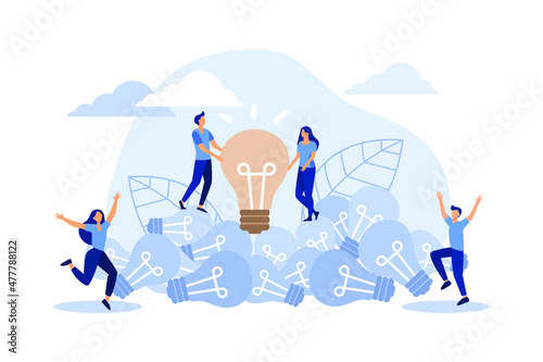 Business concept vector illustration, brainstorming, idea in the form of an abstraction light bulb, a group of people climbed up on extinct light bulbs