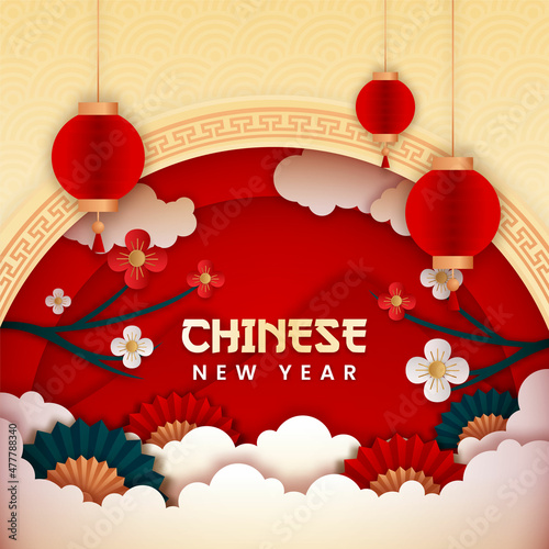 Chinese new year paper cut style vector. Poster or banner using lanterns and flowers. with Asian concept.