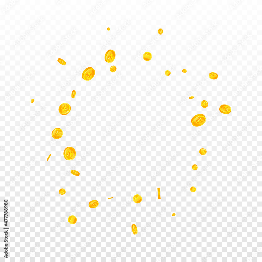 Korean won coins falling. Fascinating scattered WON coins. Korea money. Rare jackpot, wealth or success concept. Vector illustration.