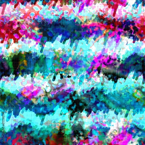 Fototapeta Naklejka Na Ścianę i Meble -  Messy summer tie dye batik beach wear pattern. Seamless colourful stain space dyed effect fashion. Washed out soft furnishing background. 