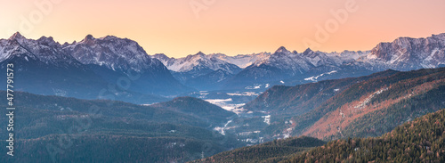 Sunrise Bavarian Panorama view to the alps scenery