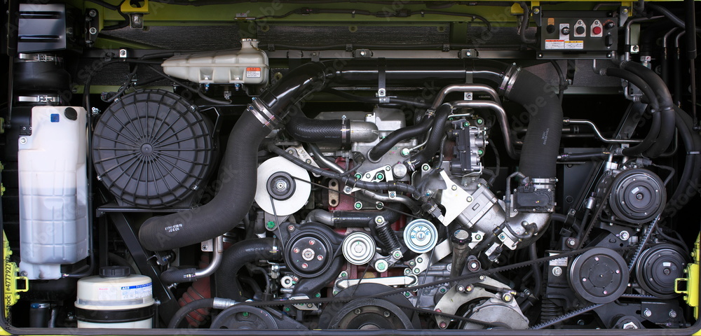 Tokyo,Japan - December 26, 2021: Closeup of bus diesel engine
Tokyo,Japan - December 26, 2021: Closeup of bus diesel engine