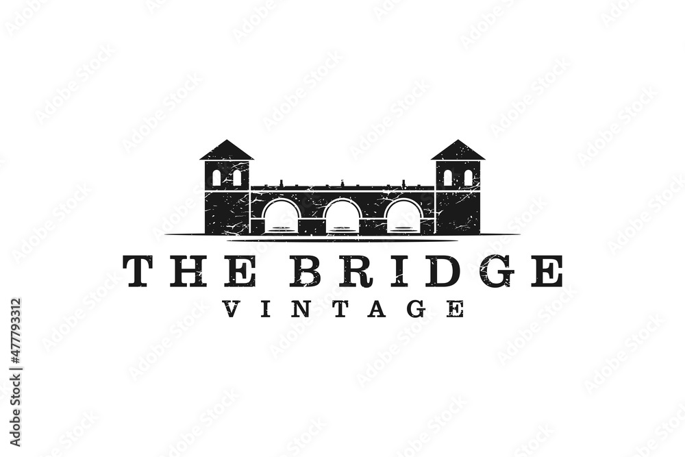 Vintage Bridge and River Landscape silhouette view logo design