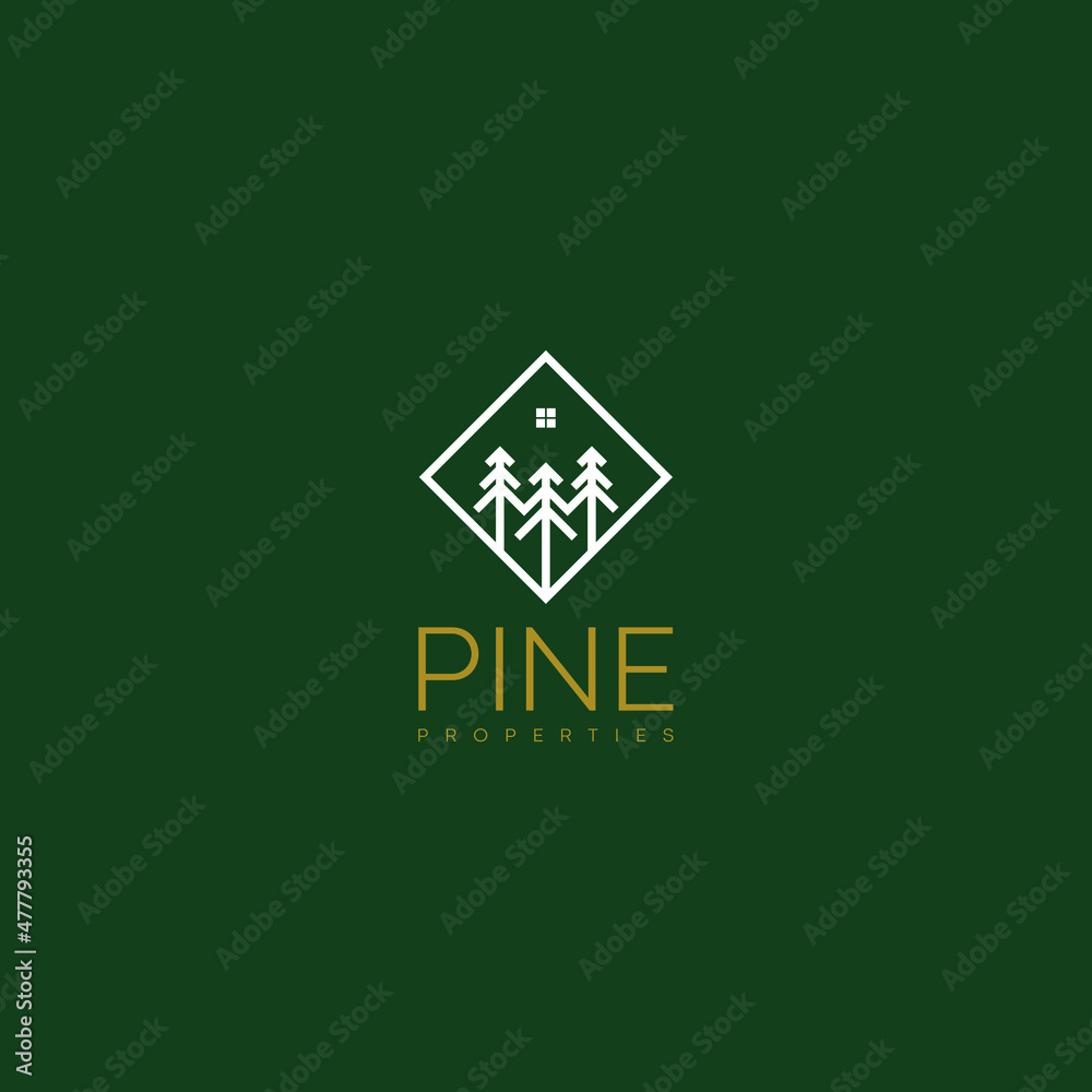Pine tree logo design with abstract home vector graphic
