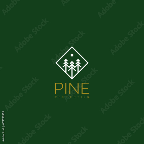 Pine tree logo design with abstract home vector graphic
