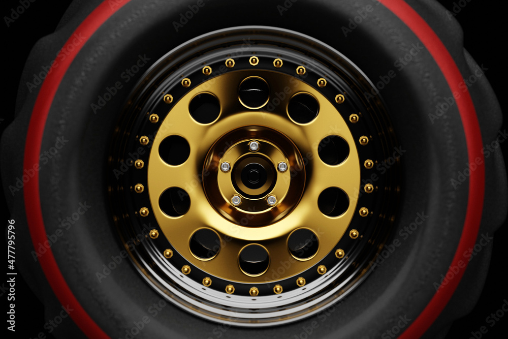3d illustration close up of realistic wheel with wide tires on black isolated background